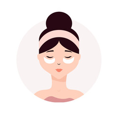 Woman taking care of her face. Daily skincare routine. Young woman applying beauty patches under her eyes. Minimalist, simple illustration