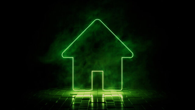Green neon light home icon. Vibrant colored technology symbol, isolated on a black background. 3D Render 