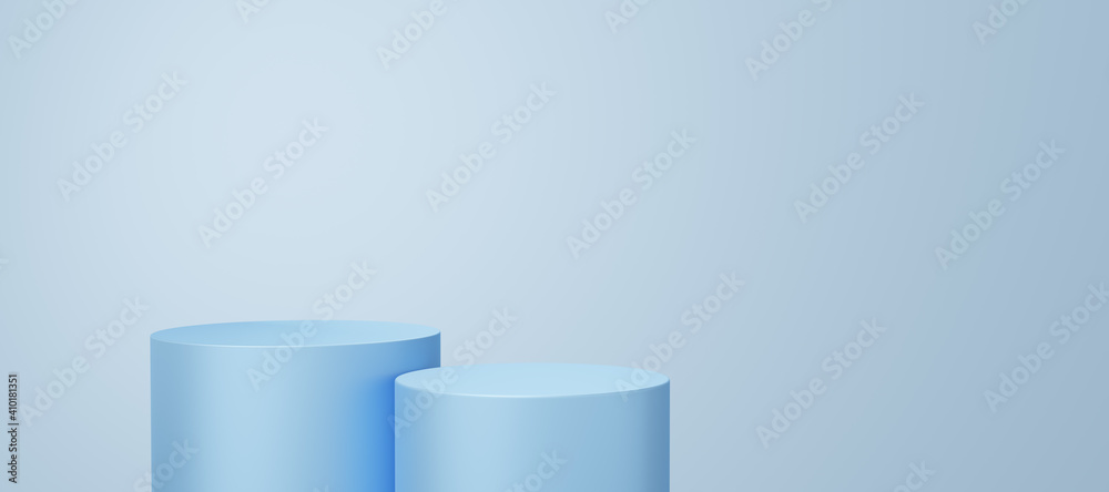 Wall mural empty blue cylinder podium floating on white copy space background. abstract minimal studio 3d geome