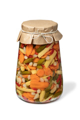 Glass jar with pickled vegetable mix isolated on white background
