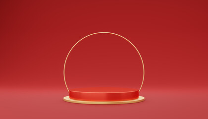 Empty red cylinder podium with gold border and gold circle on red background. Abstract minimal studio 3d geometric shape object. Pedestal mockup space for display of product design. 3d rendering.