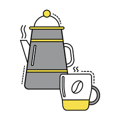 Flat design of coffeepot and cup with coffee. Vector of coffee mug with coffeepot with colors of pantone 2021. Breakfast icon. Coffee cup . Outline breakfast logo. 