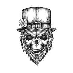 St. Patrick's Day Irish Leprechaun Skull in Top Hat with Shamrock. Hand Drawn Vector Illustration