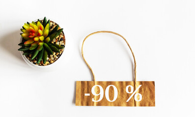 Big sales 90, ninety percent isolated on white background, top view, copy space and with cactus...