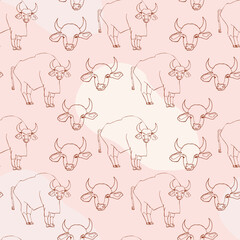 Hand-drawn pattern with ox.Chinese cymbol of the 2021.Zodiac.Seamless pattern design with wild animal