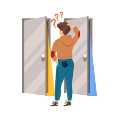 Young Man Standing in Front of the Doors and Thinking Where to Enter Vector Illustration