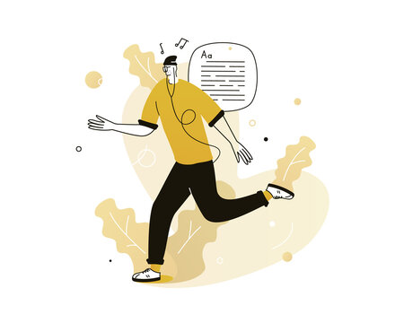 Man Run And Listen Music Or Audiobook. Jogging And Sprint. Vector Illustration For Sport And Activity Contents, Blog, Vlog, Telework, Remote Working And Freelancing, Business, Start Up And Social Medi