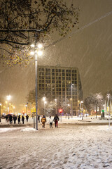 Street of a city at night on a snowy day.