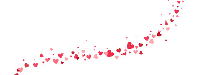 Heart confetti frame wave. Bright pink hearts falling on long border. Celebration banner. Valentines Day background for greeting cards, wedding invitation, gift packages. Vector illustration