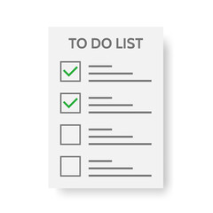 To do list icon on white background. Daily planner. Business schedule or organizer. Paper sheet with green check mark. Paper note. Month planning, time management. Task completed. Vector illustration