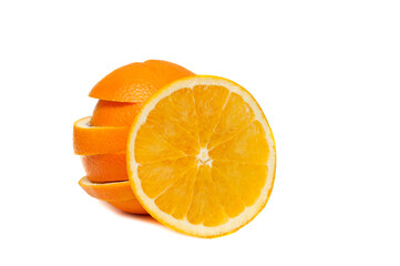 One ripe orange sliced into slices on a white background