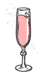 Flute pink champagne glass hand drawn illustration