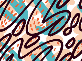 Seamless abstract doodle background pattern in bright summer positive colors. Hand-drawn abstract pattern with randomly arranged spots and dots and lines. Pencil and paint texture.