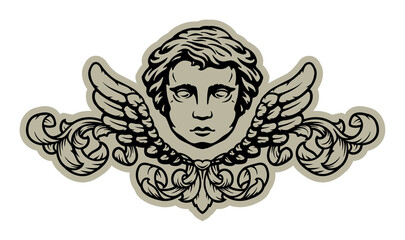 Angel with wings and vintage pattern. Vector illustration.
