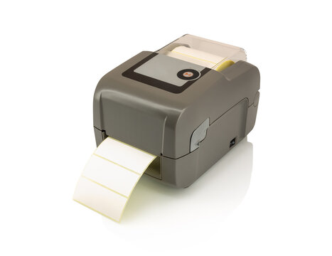 Barcode printer for labels isolated on white background with shadow reflection, clipping, vector path. Printer for direct thermal or thermal transfer printing.