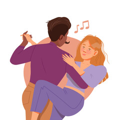 Young Man and Woman Couple Listening to Music and Waltzing or Moving with Dancing Motion Vector Illustration