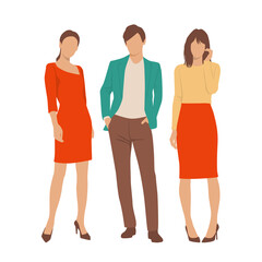 Obraz premium Set of young man and women, different colors, cartoon character, group of silhouettes of standing business people, students, the design concept of flat icon, isolated on white background