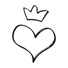 Cute little heart with a crown. Vector doodle illustrations for Valentine's Day greeting cards, wedding cards and romantic design.