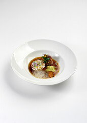 delicious gourmet composition on white plate michelin star 