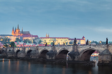 Fototapeta na wymiar Evening view of Prague, Czech Republic with the Vltava River, Charles Bridge, St. Vitus Cathedral and Prague Castle.