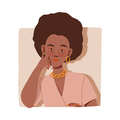 African American Woman with Freckles Looking Out of Square Window Vector Illustration