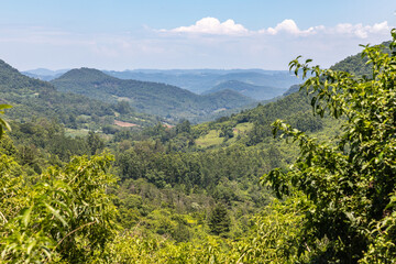 Forest over mountain, valley and farm plantation
