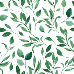 Watercolor seamless pattern with greenery, green leaves and branches on a white background. For textile, wrapping, greeting cards, wallpapers.