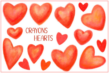 Hand draw crayons set. Grunge stamps illustration. Hearts doodles collection. Symbol of love. Hearts isolated on white background. Wedding or Valentine's template.