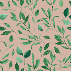 Watercolor seamless pattern with greenery, green leaves and branches on a beige background. For textile, wrapping, greeting cards, wallpapers.