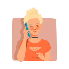 Blond Girl Looking Out Window and Speaking by Phone Vector Illustration