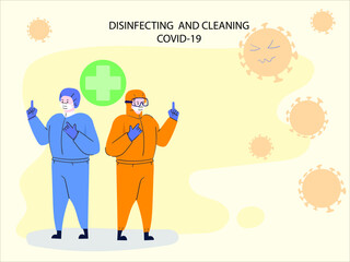 Medical staff to prevent COVID-19 virus, cleaning and disinfecting to banish virus cell, banner - Vector illustrate
