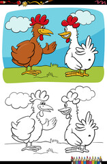 cartoon funny chickens talking coloring book page