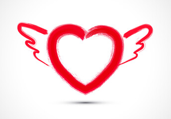 Brush drawing of a heart with wings for Valentine's Day greeting card, banner or celebration invitation.