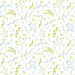Fototapeta na wymiar Floral vector seamless pattern. Blue and green leaves on white background. Abstract floral pattern. Vector illustration. Simple design for fabric, wallpaper, scrapbooking, textile, wrapping paper