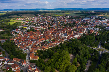 Fototapeta na wymiar Aerial view of the old town of the city Volkach in Germany on a sunny day in spring. 