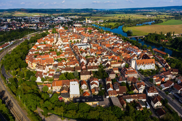 Aeriel view of the city Haßfurt in Germany on a sunny spring day afternoon.	