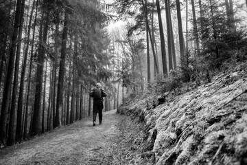 A black and white shot of a man walking in woods on a damp and foggy day in Bavaria