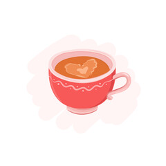 Hand drawn romantic coffee cup vector illustration. Latte heart foam, coffee with milk froth