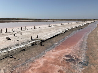 A beautiful salt lake with pink water. Beautiful view of pink lake