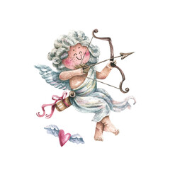 Cute character cupid with bow and arrow painted in watercolor in vintage style. A hand-drawn boy Cupid shoots a bow. Illustration for cards, invitations, scrapbooking, souvenirs.