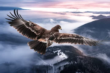 Foto op Canvas An eagle flies over the frozen mountains at beautiful dawn.  Steppe eagle (Aquila nipalensis) © Sabrewolf
