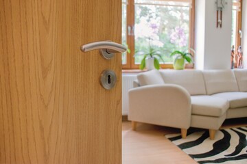 Half opened door into the modern cozy home interior