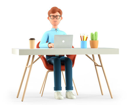 3D illustration of smiling cute man working at the desk in modern office. Cartoon happy businessman or freelancer using laptop, isolated on white. Workplace concept.