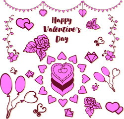 A set of images for the holiday of Valentine's Day in limited colors.