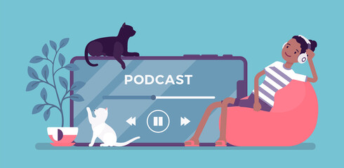 Young woman enjoys listening podcasts played through smartphone in headphones. Girl sitting at giant phone screen, using device app. Vector creative stylized illustration