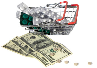 pills in blisters lie in a grocery basket, next to money. Dollar bills and scattered pills. The...