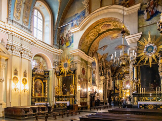 Main nave of St. Mary Basilica in Bernardine Order monastery within the Calvary pilgrimage Mannerist complex in Kalwaria Zebrzydowska in Poland