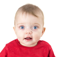 Portrait of a handsome kid with big blue eyes on a white background, isolated