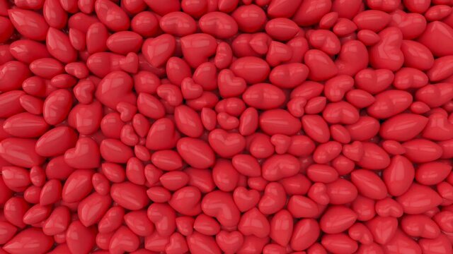 Falling dynamic red hearts filling the screen on isolated black background. 3d animation