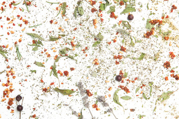 Dry herbs on white. Herbs in bulk, zero waste and eco-friendly lifestyle, herbal medicine concept.